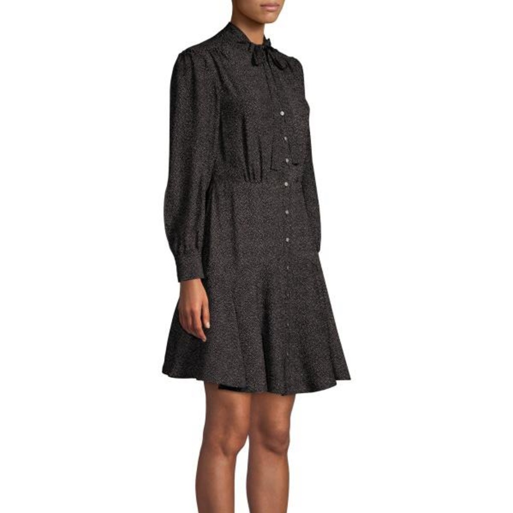 REBECCA TAYLOR Tie-Neck Button-Front Long-Sleeve Sprinkle-Dot Silk Dress - Picture 4 of 10